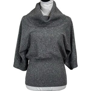 Spence Silk Knit Cowl Neck Sweater Top Size Large Fitted Metallic Silver Ribbed